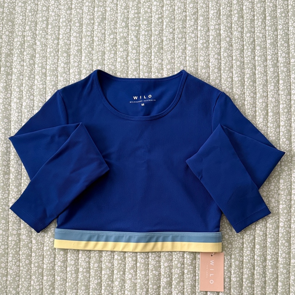 Wilo Women's Blue Crop Top with Yellow Trim